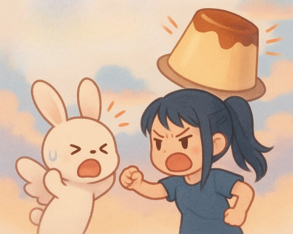 うさぎ妖精と口論する女性 プリンで怒りの制裁中