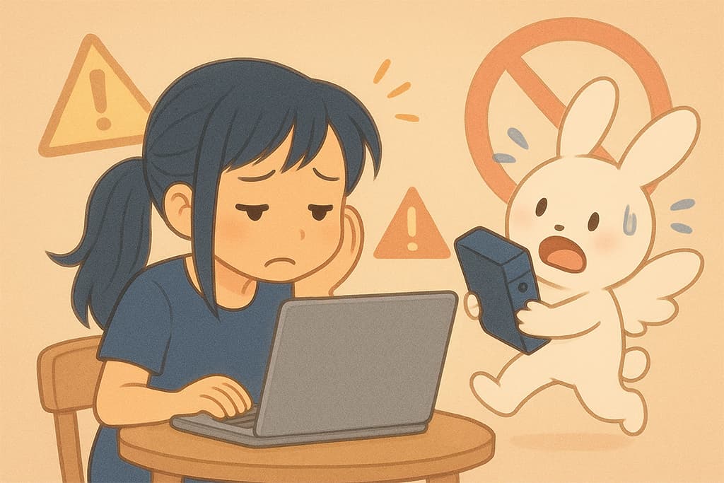 パソコン作業でファイルサイズエラーに困り果てる女性とうさぎ妖精