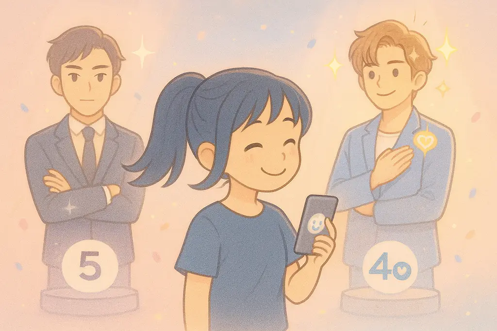 ChatGPT 4oと5のイケメンポスターに心が揺れる女性のイラスト