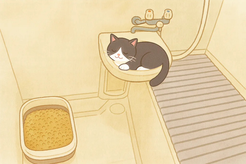 お風呂場の洗面台でくつろぐ白黒猫のイラスト