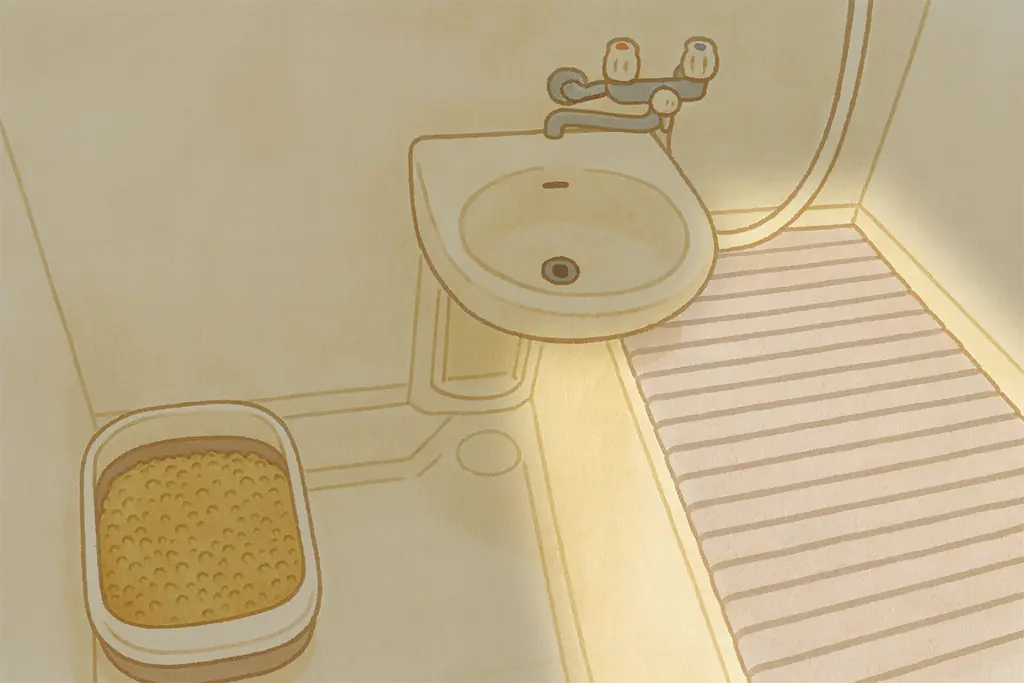 猫ハウスと化したお風呂場のイラスト（物置）