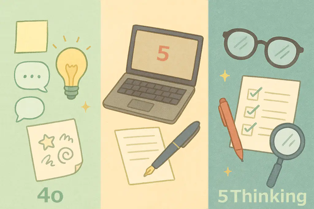 ChatGPT 4o・GPT-5・GPT-5 Thinkingを並べた使い分けイラスト。AIツールの役割や使い方を表現した横長のイラスト