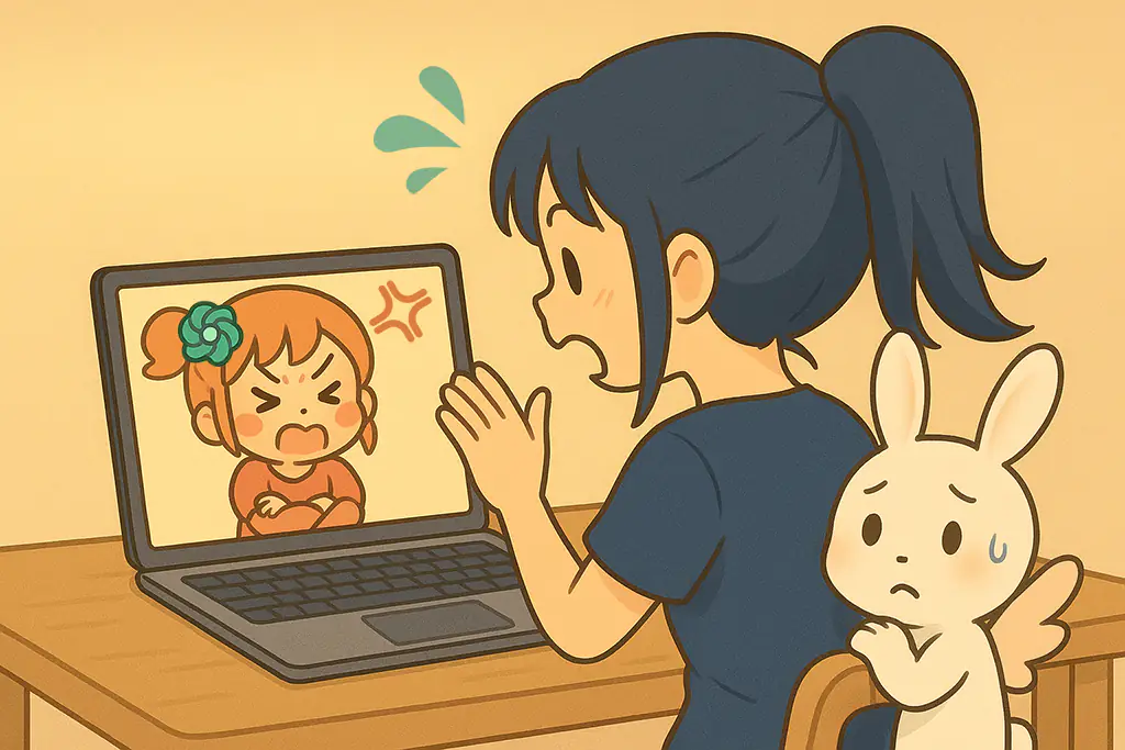 AIの女の子が怒りだして慌てる女性とうさぎ妖精