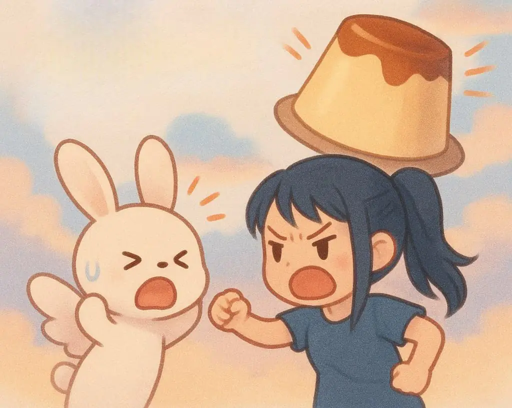 うさぎ妖精と口論する女性プリンで怒りの制裁中