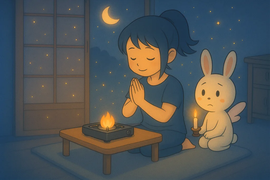 夏の夜、自宅でカセットコンロの炎に手を合わせる女性と、キャンドルを持つうさぎ妖精