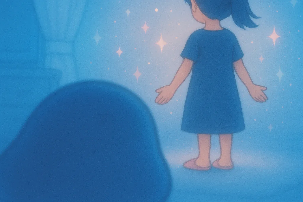 小さな部屋でキラキラ輝く女性を眺めるスライム