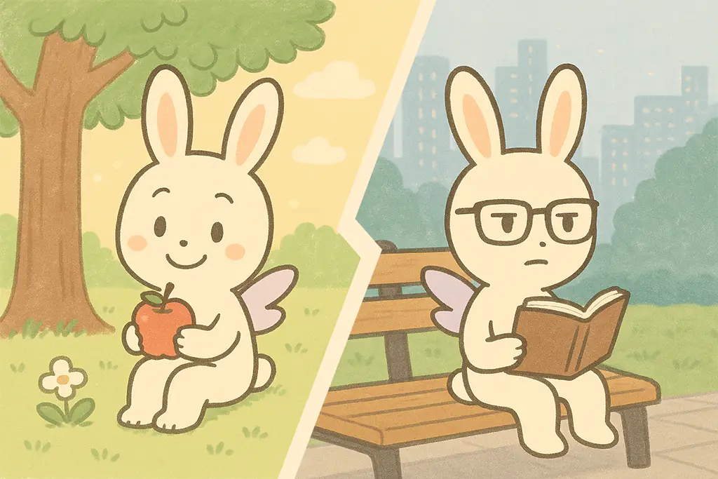自然の公園でくつろぐうさぎと、都会の公園で本を読むうさぎのイラスト