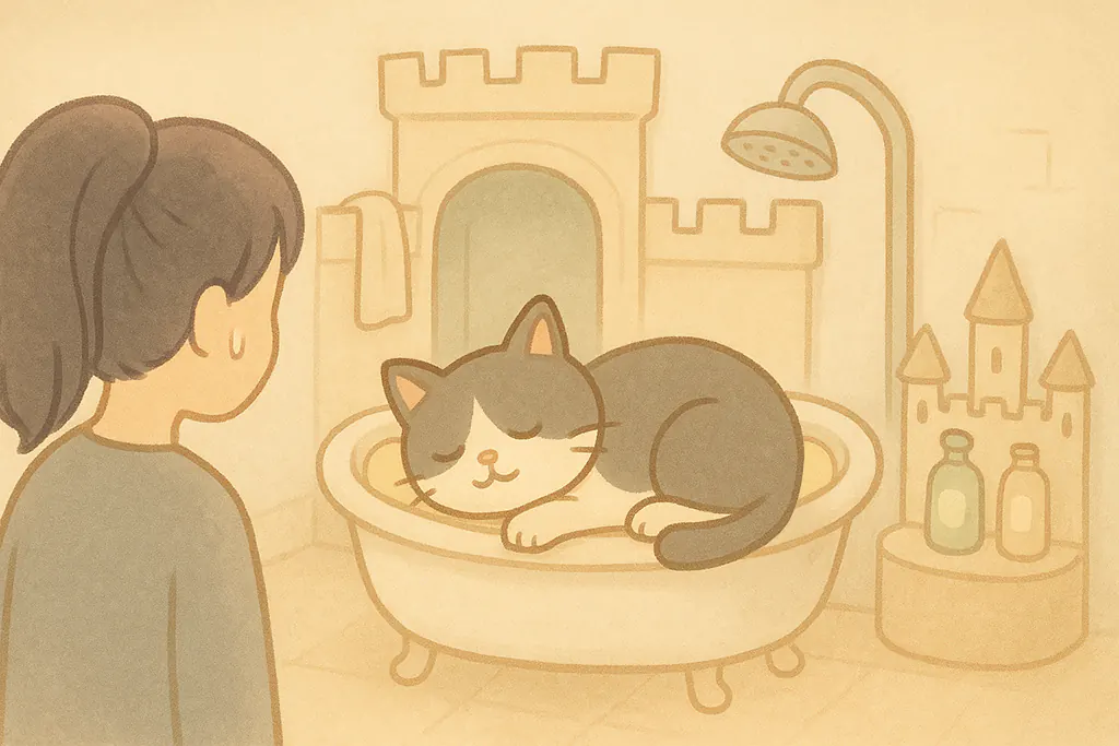 お風呂場で城のようにくつろぐ猫と、呆然と見守る女性のシュールなイラスト