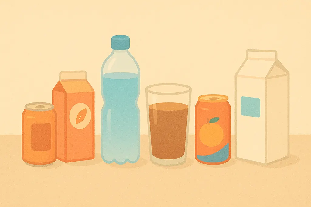 机に並んだカラフルなドリンクのイラスト