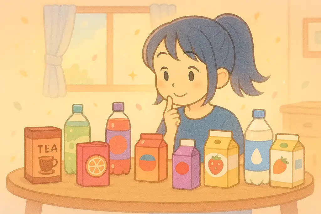 テーブルに並んだドリンクを前に、女性が選んでいるかわいいイラスト