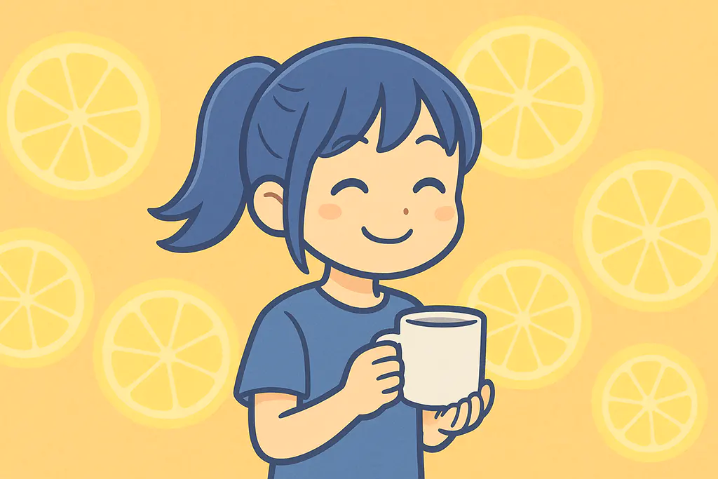 女性がマグカップを持って笑顔、背景にレモンの断面があるかわいいイラスト