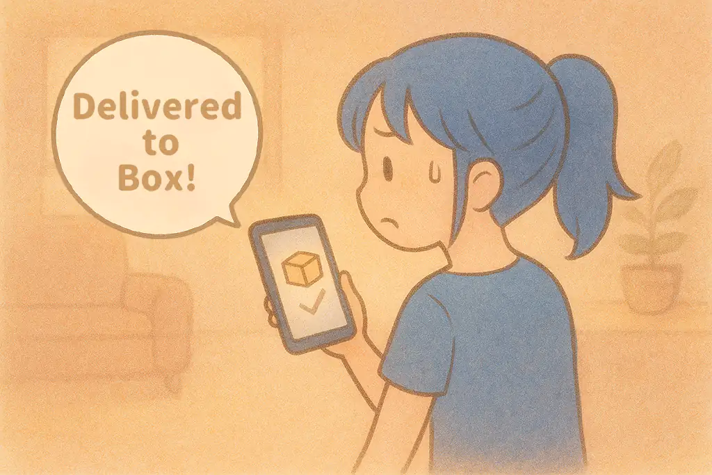 宅配ボックスに配達完了の通知を見て困る女性