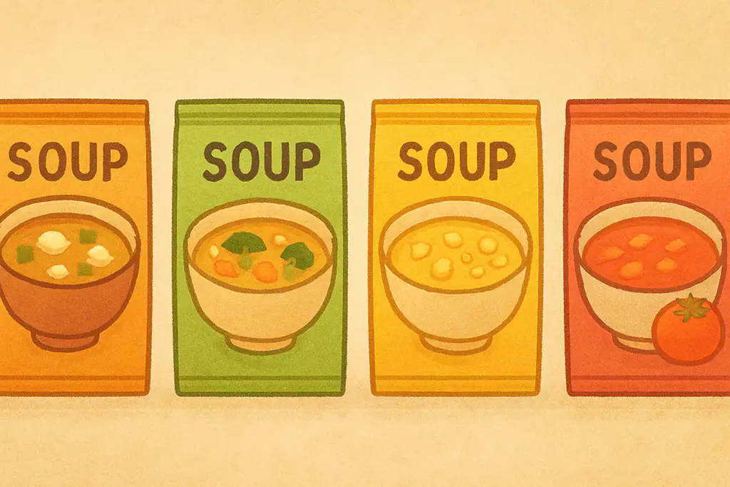 色んな味の4つのスープパッケージが並んだイラスト