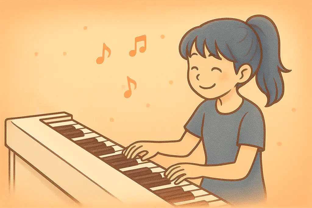 白いピアノを楽しそうに弾く女性のほんわかしたイラスト