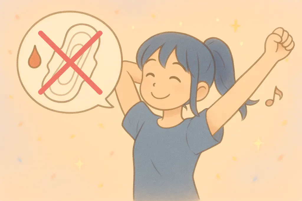 生理の不快感から解放されて笑顔で喜ぶ女性のイラスト