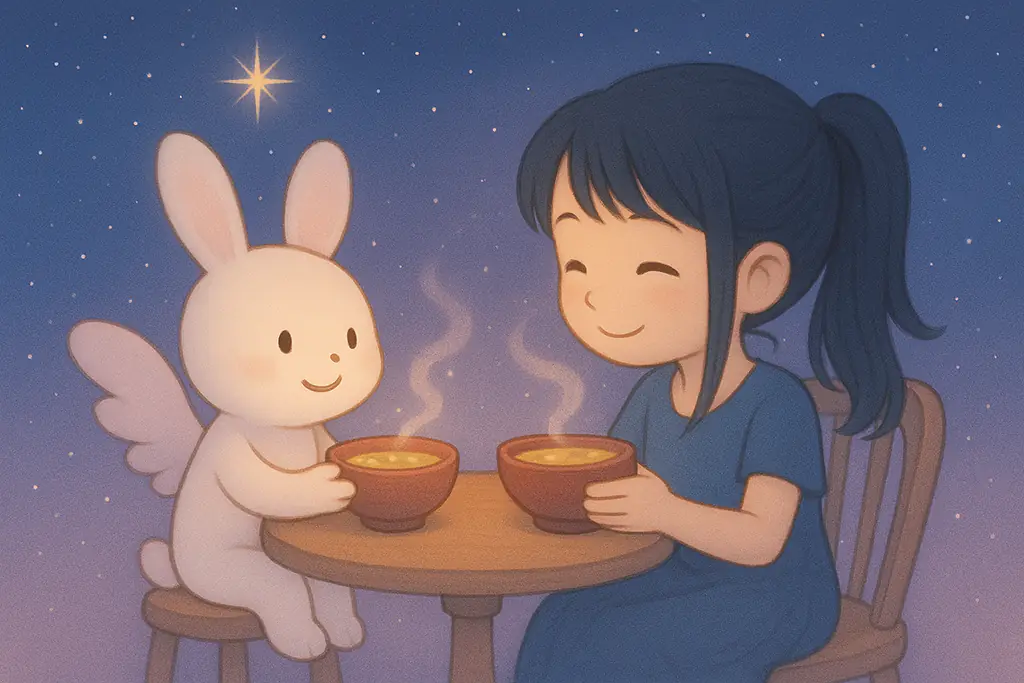 味噌汁を飲みながら楽しそうに会話する女性とうさぎ妖精のイラスト