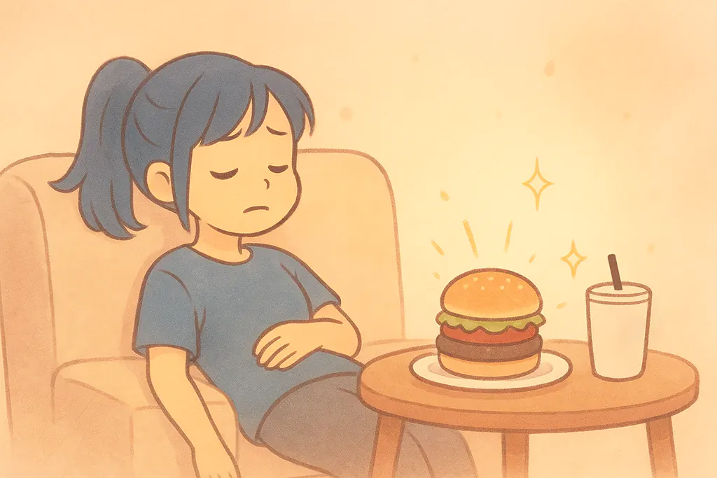 生理痛でぐったりしている女性とテーブルの上のハンバーガーのイラスト