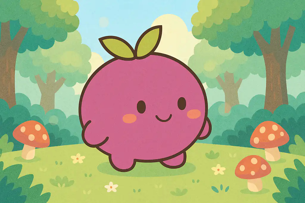 キノコの森に佇むベリーちゃんのかわいいイラスト