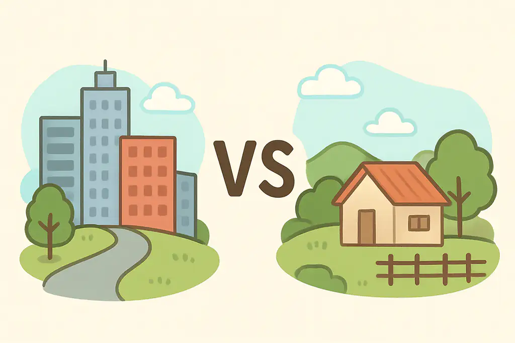 ビル群が立ち並ぶ都会とぽつんと一軒家のある田舎のイラスト