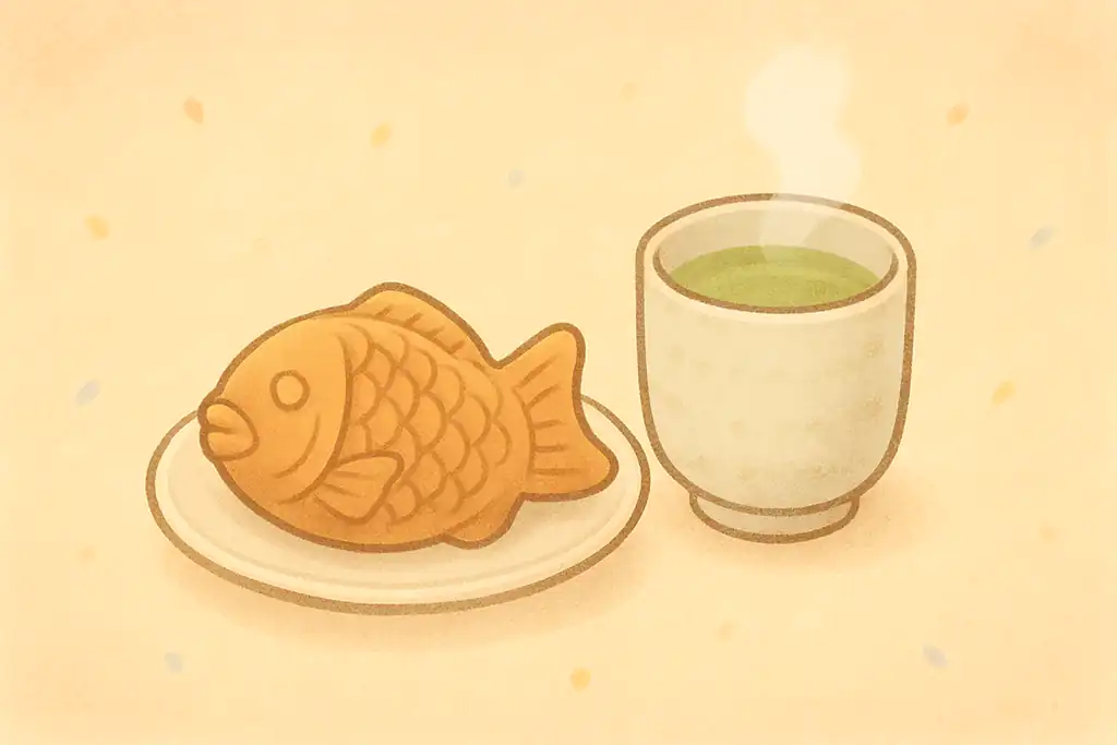 おいしそうなたいやきと湯呑に入った緑茶のイラスト