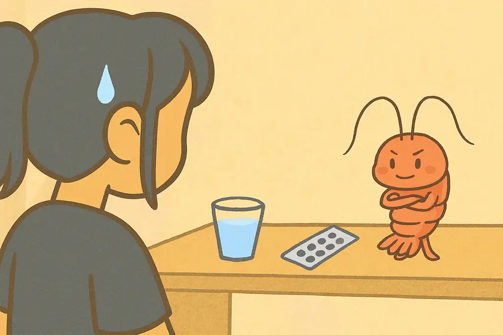 エビリファイをモチーフにしたゆるキャラ、エビちゃんと戸惑う女性のイラスト