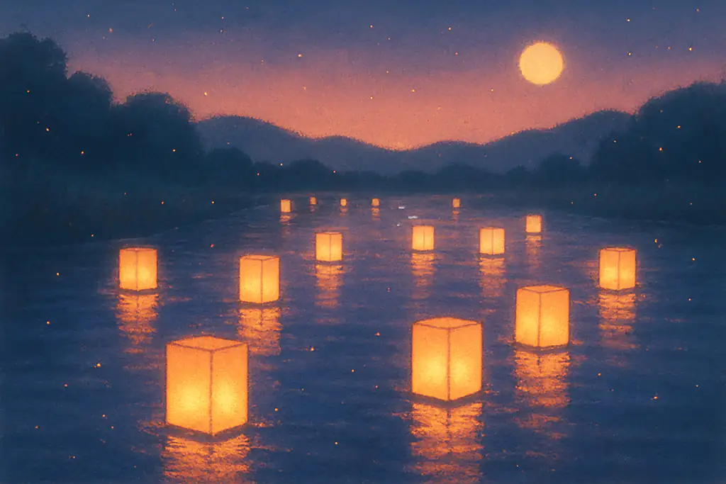 幻想的な灯篭流しのイラスト