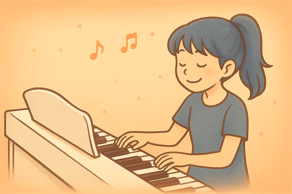 白いピアノを楽しそうに弾く女性のほんわかしたイラスト（before）