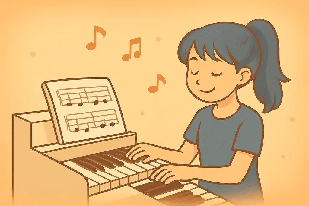 白いピアノを楽しそうに弾く女性のイラスト（再生成失敗Ver）