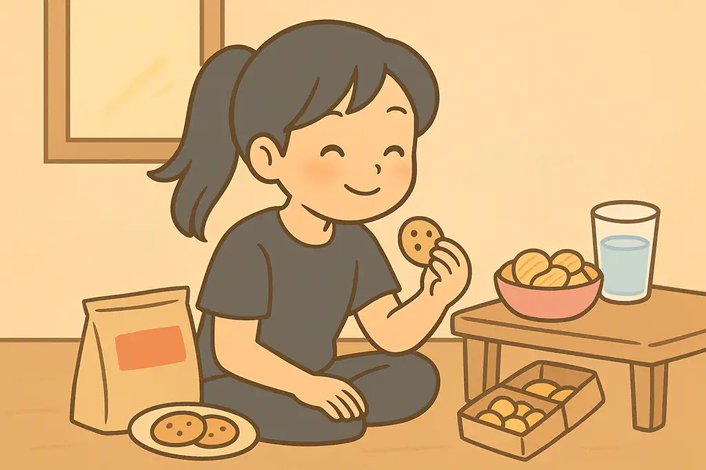 お菓子に囲まれながら引きこもり生活を楽しむ女性