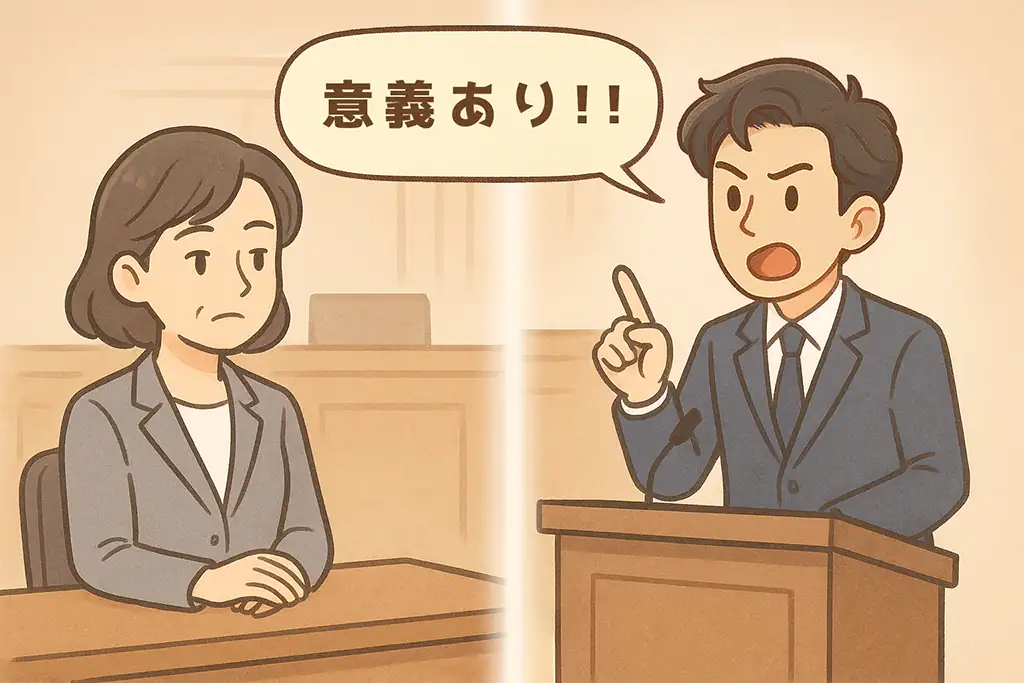 裁判で異議を唱える弁護士とそれを静かに聞く母親