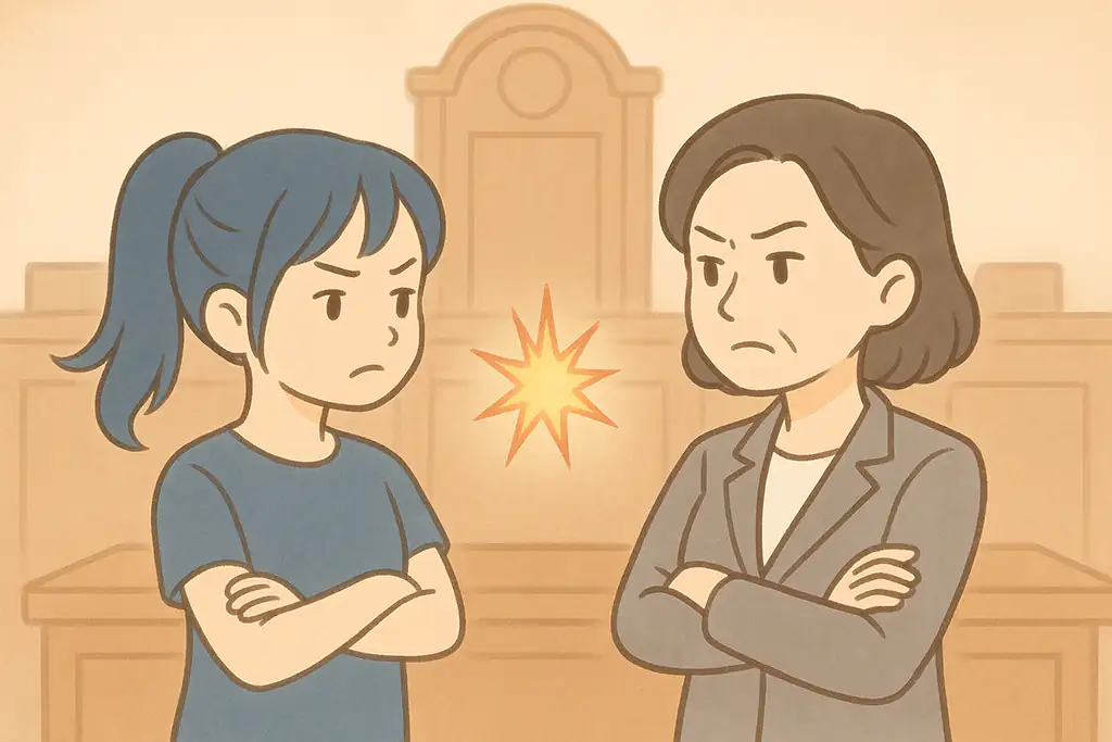 法廷で母と娘が火花を散らしてにらみ合うイラスト