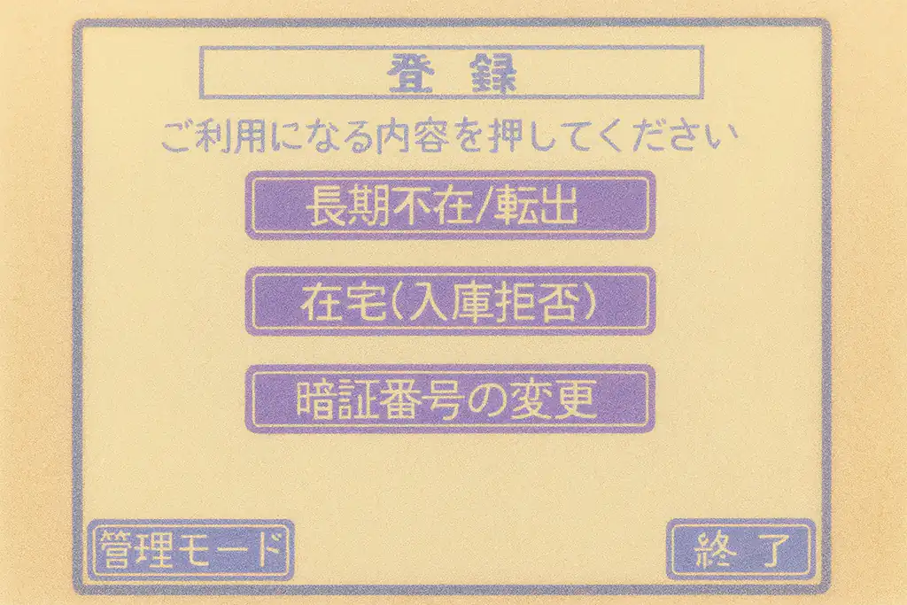 宅配ボックスの設定画面。入庫拒否や長期不在などの選択項目が表示されているタッチパネル