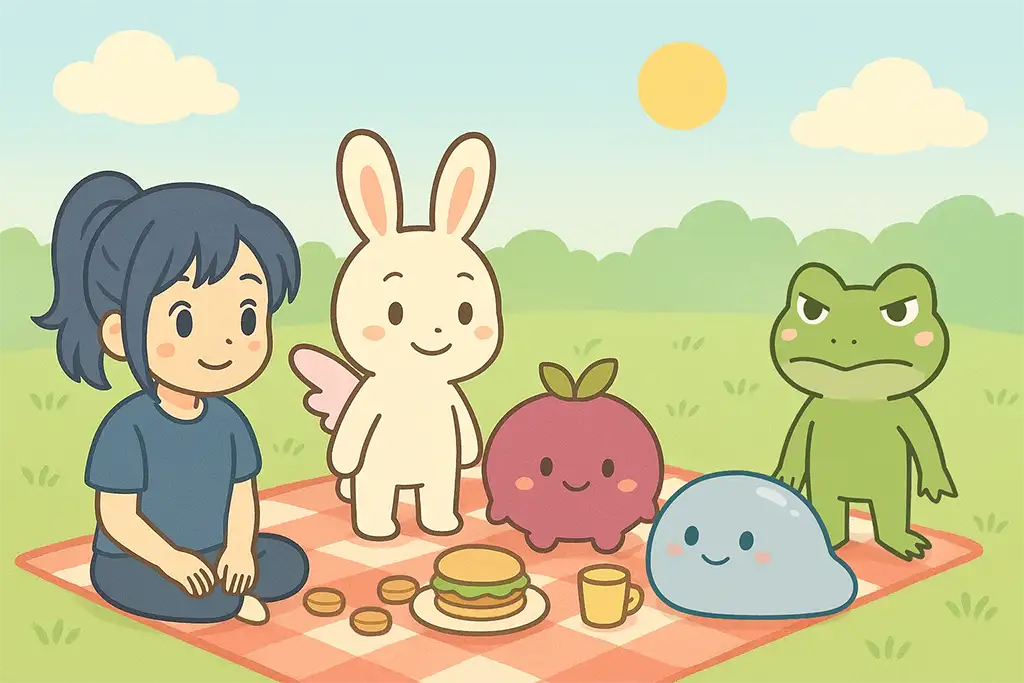 みんなで楽しくピクニックをしているキャラクターの集合イラスト