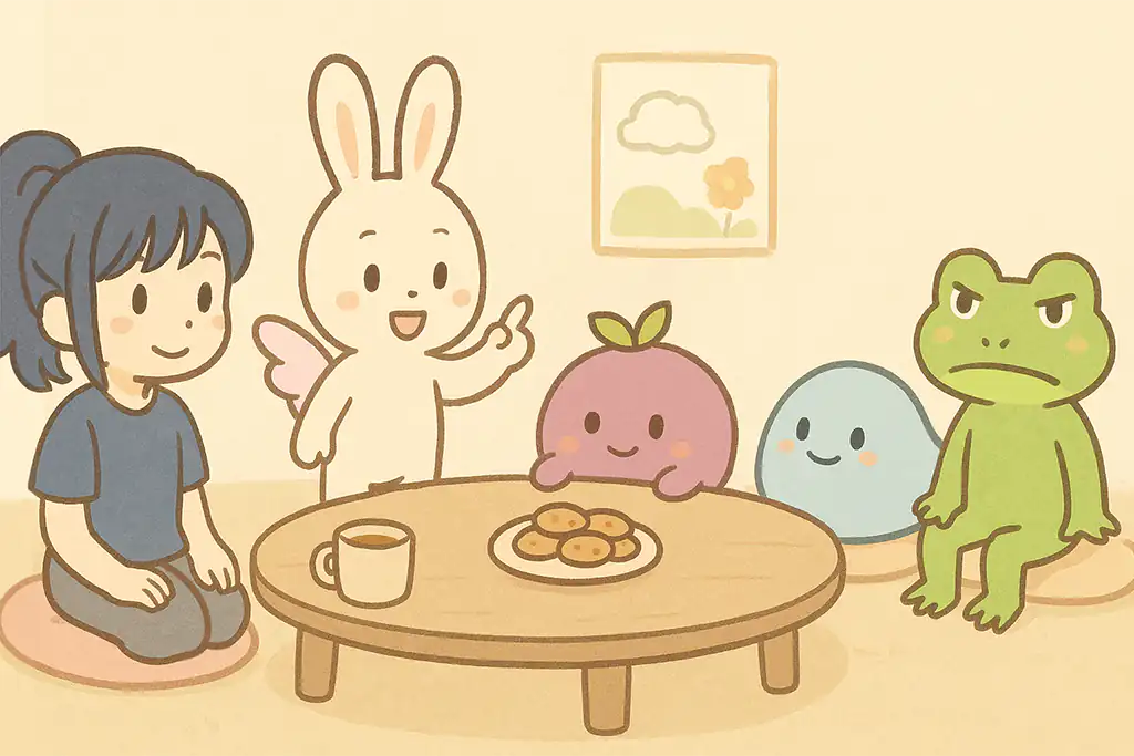 ぷに王国のキャラクターたちがちゃぶ台を囲んで座談会をしているイラスト