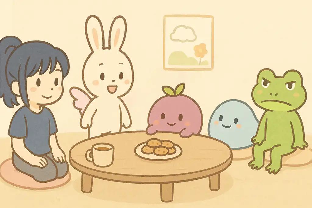 ぷに王国のキャラクターたちがおやつタイムを楽しんでいるイラスト