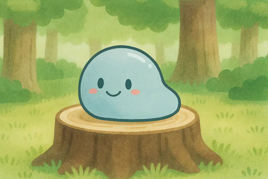 森の切り株の上に座っているスラりんのイラスト
