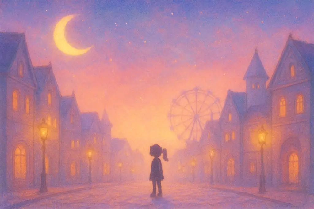 観覧車のある誰もいない不思議な街にひとりたたずむ女性のイラスト（before）