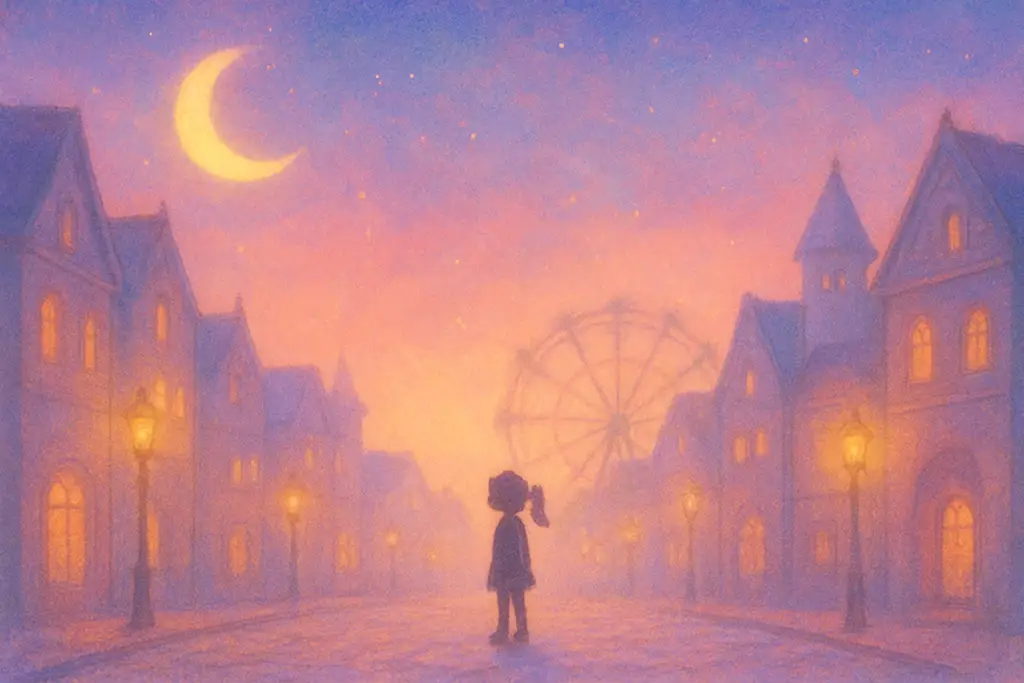 観覧車のある誰もいない不思議な街にひとりたたずむ女性のイラスト