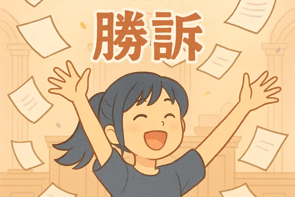 裁判で勝訴して書類を投げて喜ぶ女性