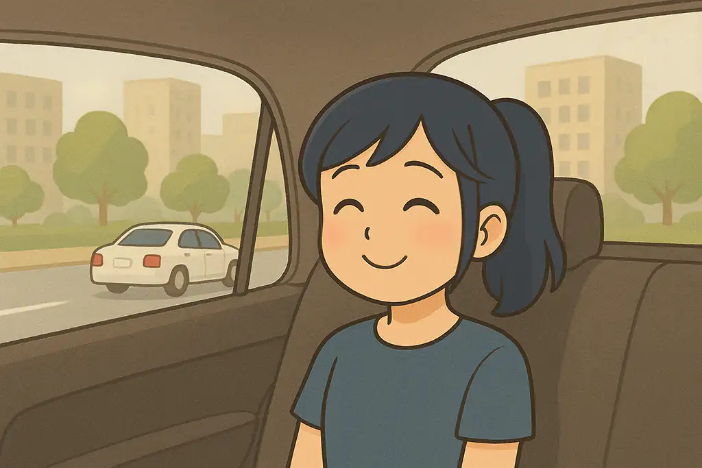 ASDの診断をもらえて、帰りのタクシーでにっこりしている女性のイラスト