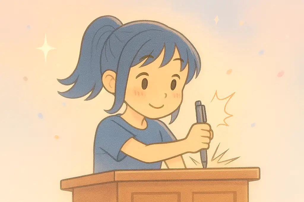 笑顔なのにペンを机に刺す女性のシュールなイラスト