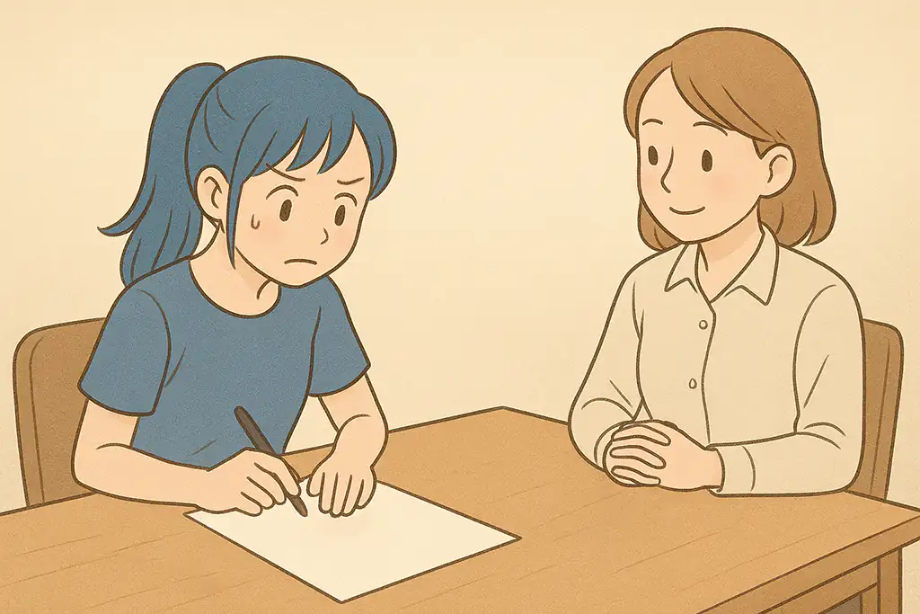 臨床心理士に見守られながらWAIS検査を受ける女性