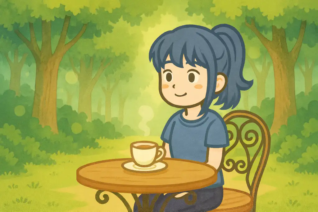 森の中のおしゃれなテーブルでティータイムを楽しむ女性のイラスト