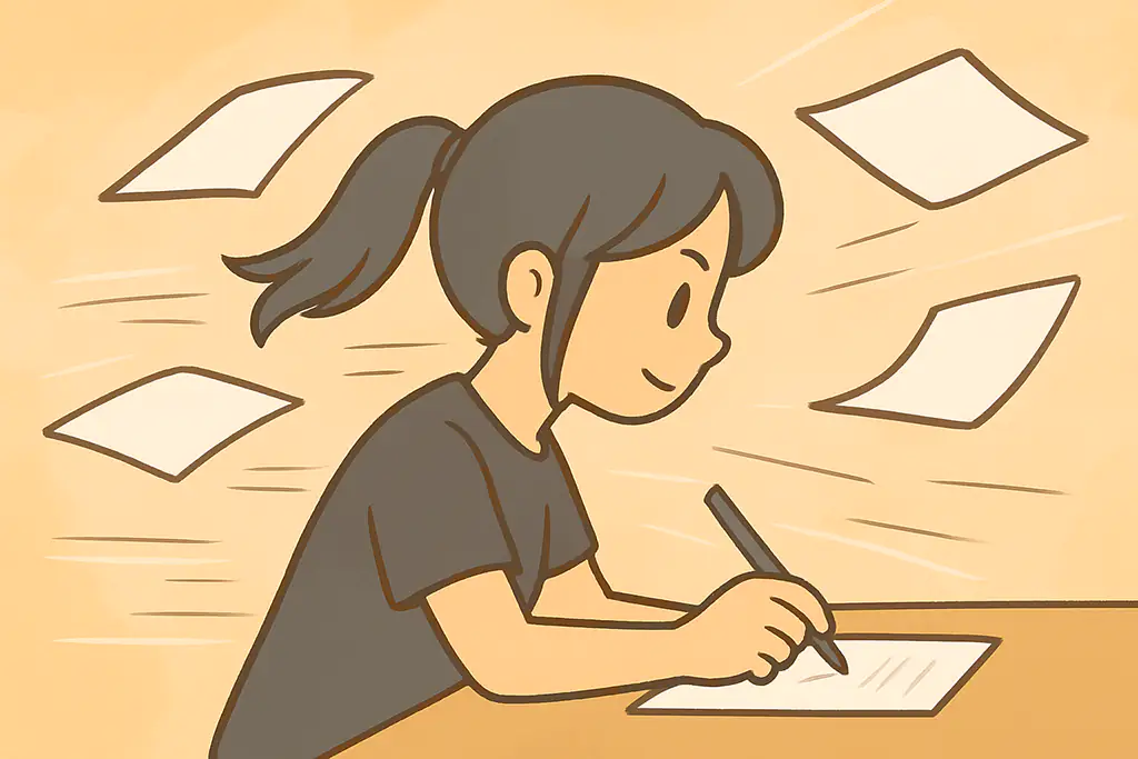 エビリファイのパワーを受けて、執筆作業が高速で進む女性のイラスト