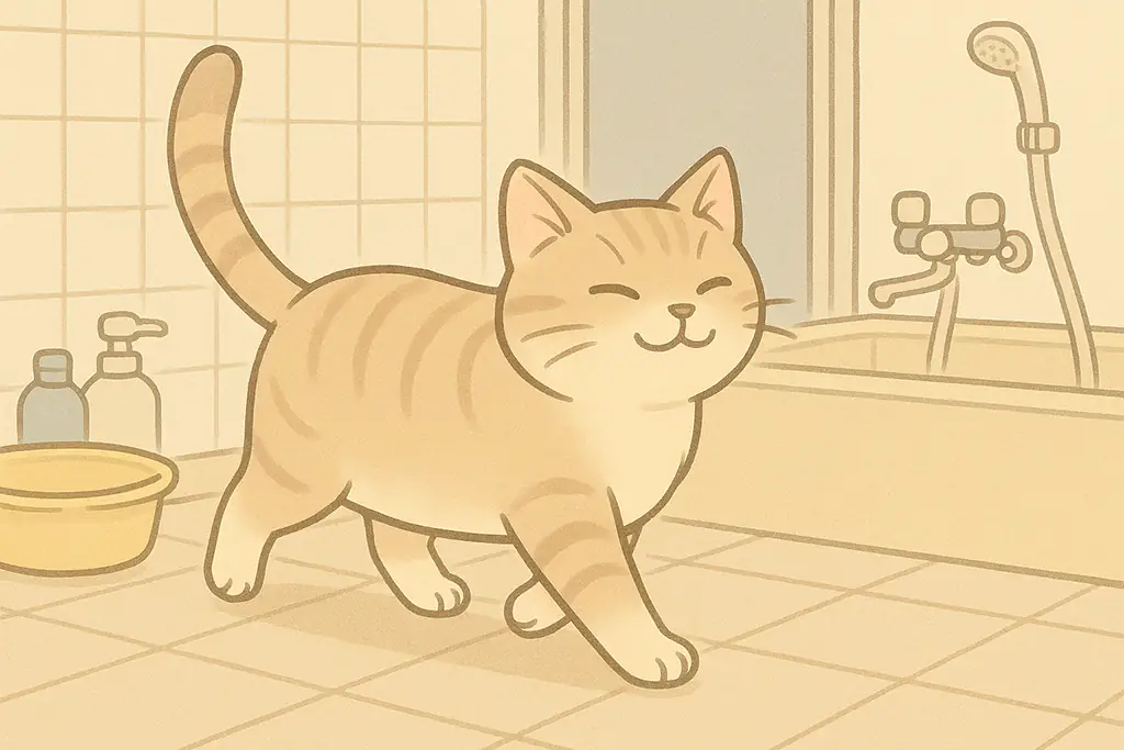 お風呂場を我が物顔で歩く茶トラ猫のイラスト