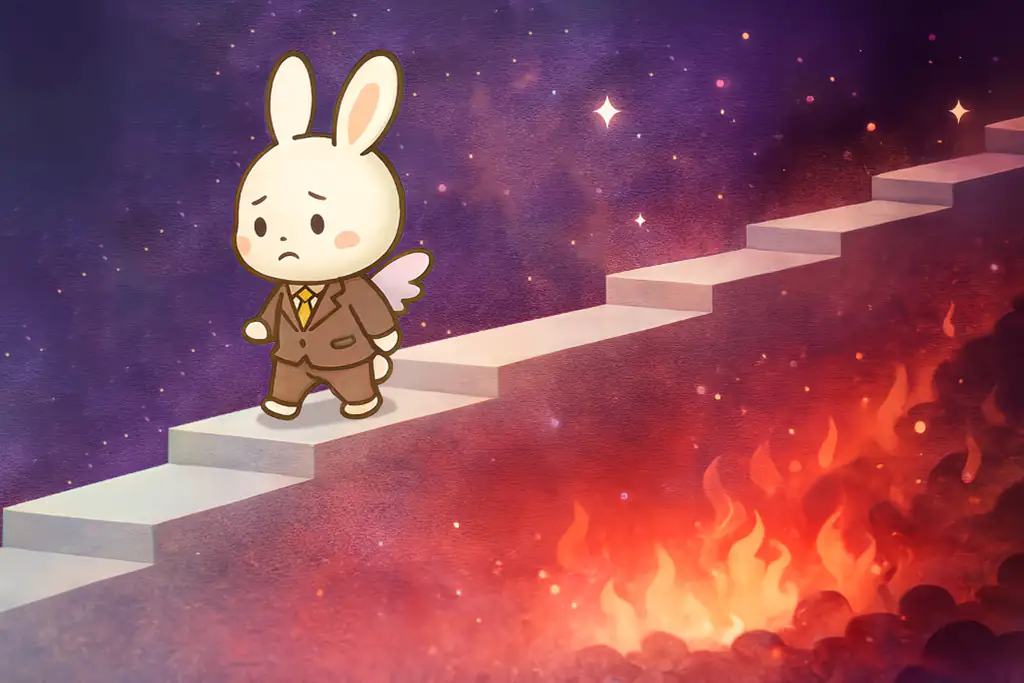 Excel地獄の階段をゆっくり降りているチャッピー社員のイラスト