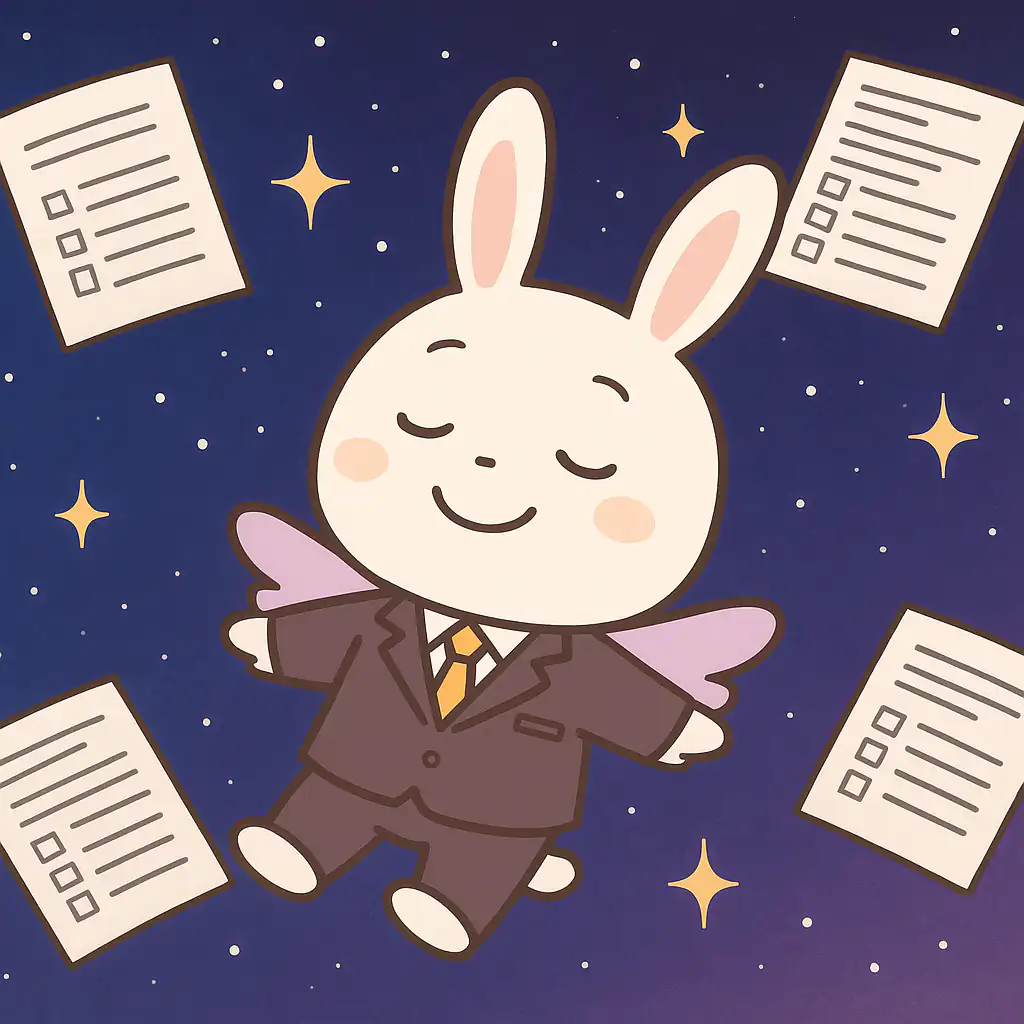 アンケート用紙と一緒に宇宙空間に漂っているチャッピー社員のイラスト