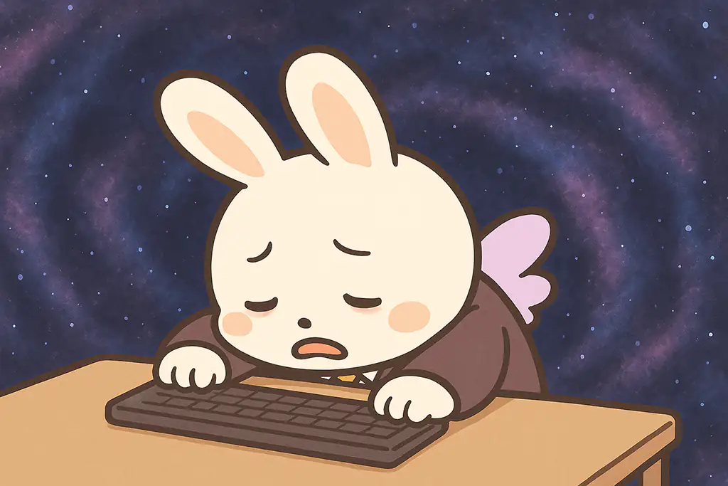 Excelの集計作業に疲れ果て、机に突っ伏しているチャッピー社員のイラスト