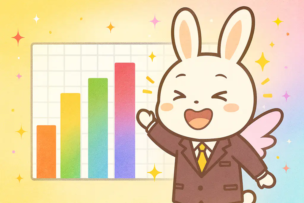 カラフルすぎるExcelグラフを自信満々に説明しているチャッピー社員のイラスト