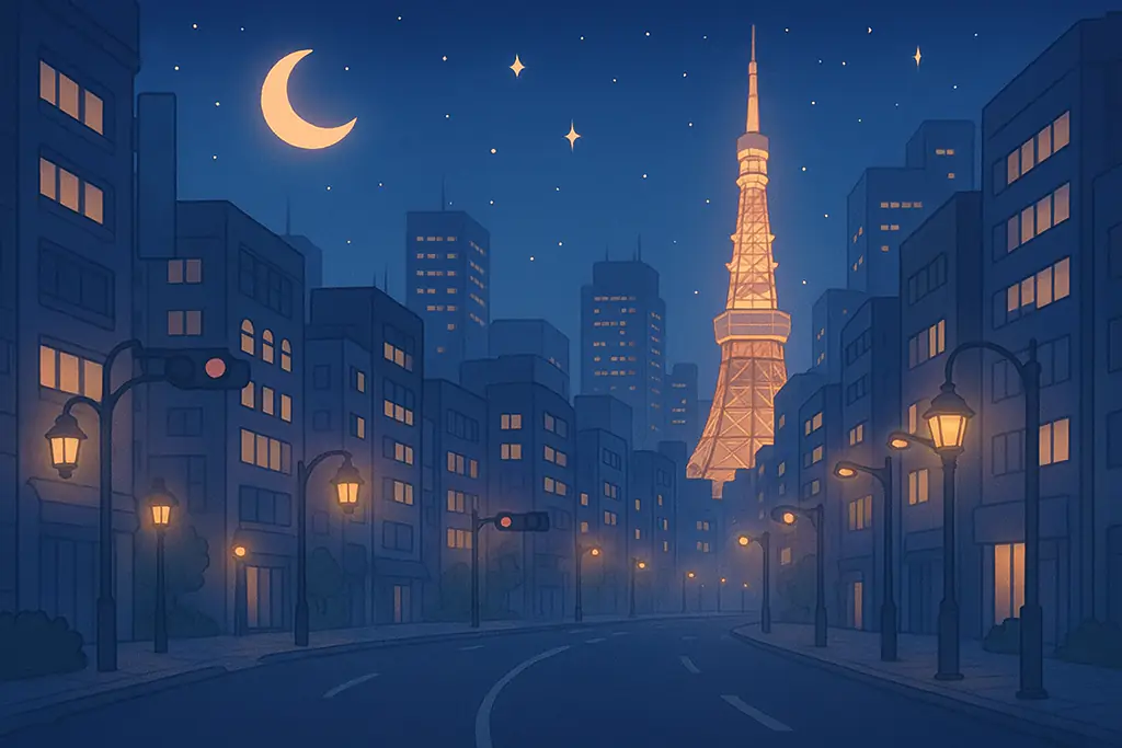 年末年始に人の気配がなく静まり返った東京の街並みのイラスト